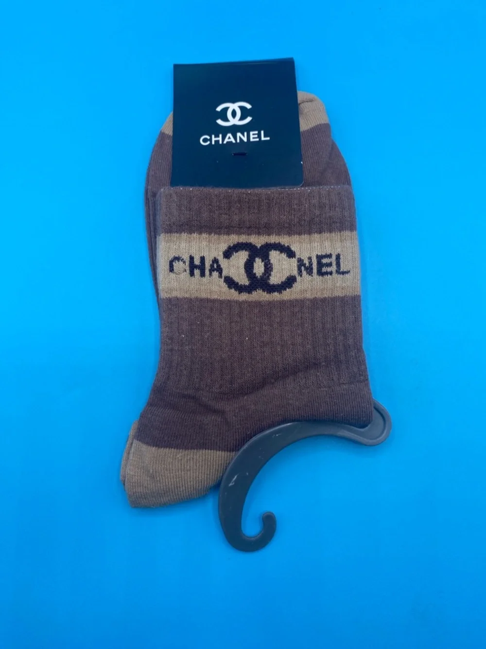 CHANEL Brown & Tan Striped Logo Socks